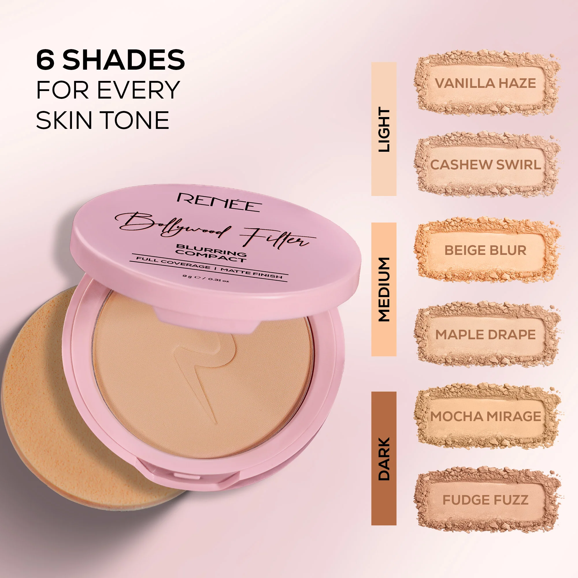 RENEE Bollywood Filter Pore Minimising Blurring Compact With Matte Finish & Full Coverage, 9 g - Image 13