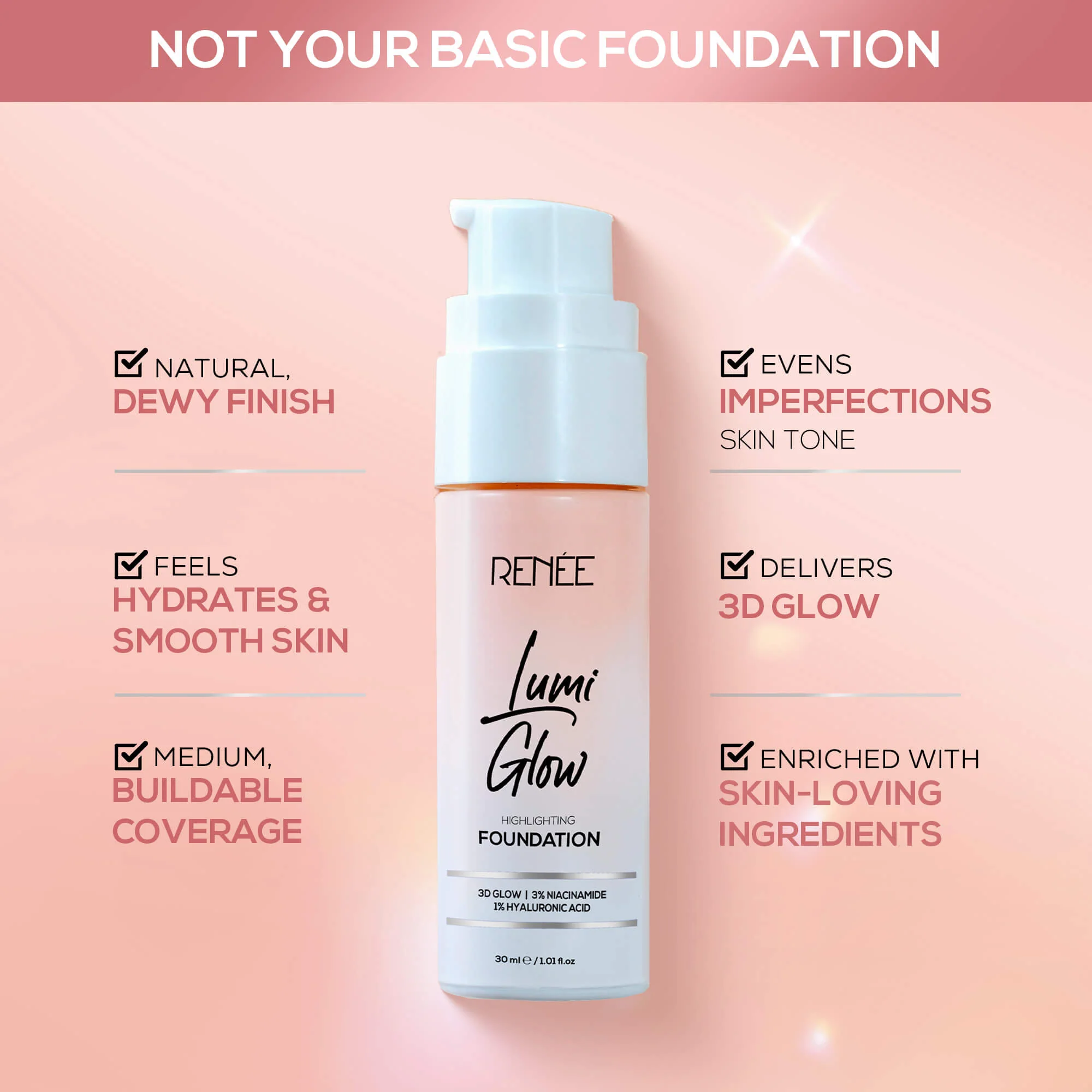 RENEE Lumi Glow Highlighting Liquid Foundation With Dewy Finish, Buildable Coverage & 3D Glow, 30 ml - Image 4